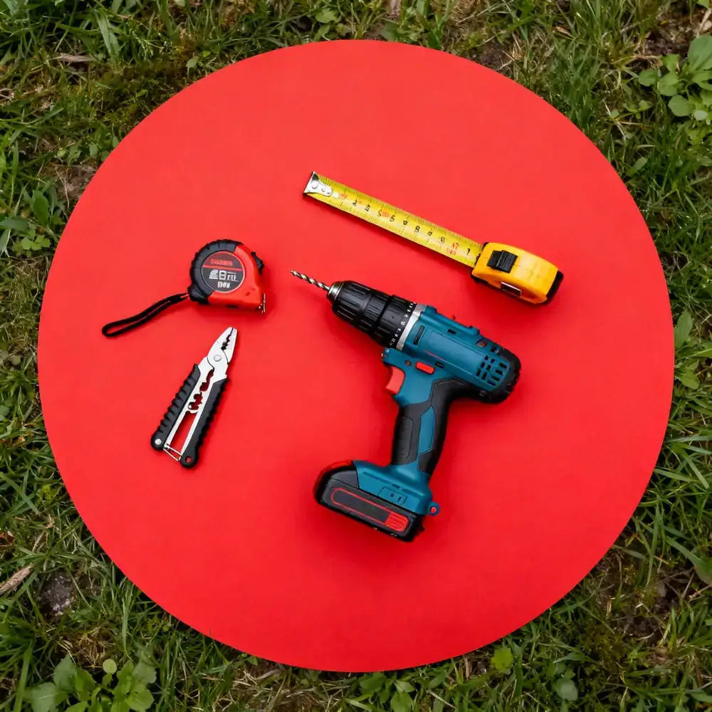Blaue akkubetriebene Bohrmaschine mit schwarzem Griff und gelbem Maßband auf roter Matte.