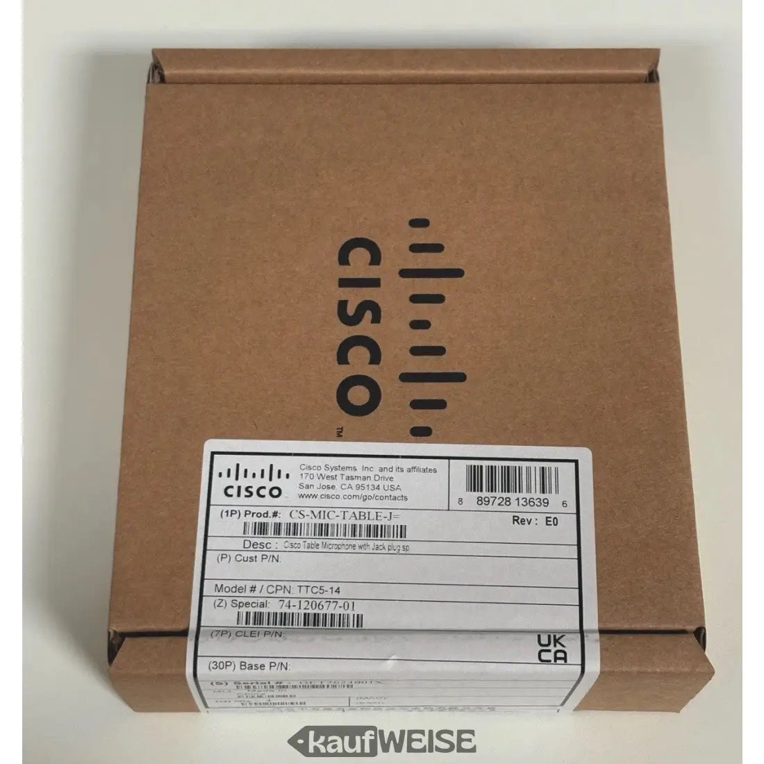 Braune Pappschachtel mit Cisco Systems Produktlabel für Webex Room 55 Mikrofon