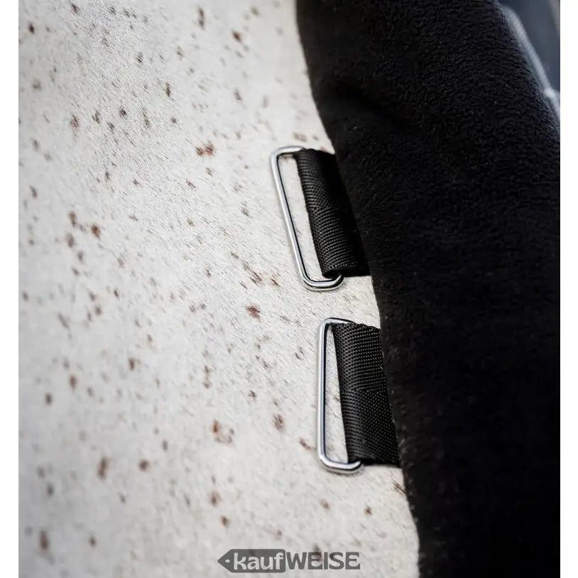 Robuste Rhino Stable 250g Stalldecke mit schwarzen Gurten und silbernen Schnallen auf weißem Stoff