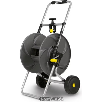 Portable metallischer Schlauchwagen mit zwei großen grauen Spulen und Griff