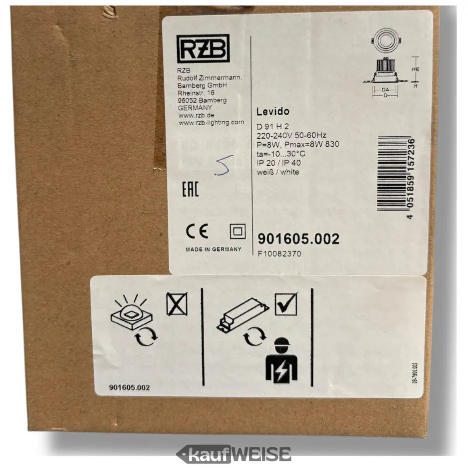 Weiße LED-Einbaustrahler Verpackung mit schwarzen Texten für RZB 8W schwenkbar