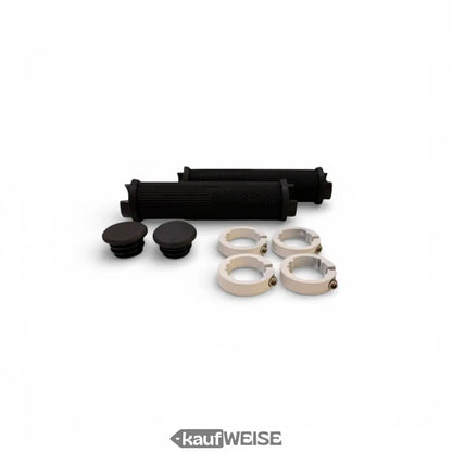 Schwarze texturierte Fahrradgriffe Duragrip Urban Armor mit weißen Clamps, 22mm Lock-On Alu-System, rutschfest und stoßdämpfend