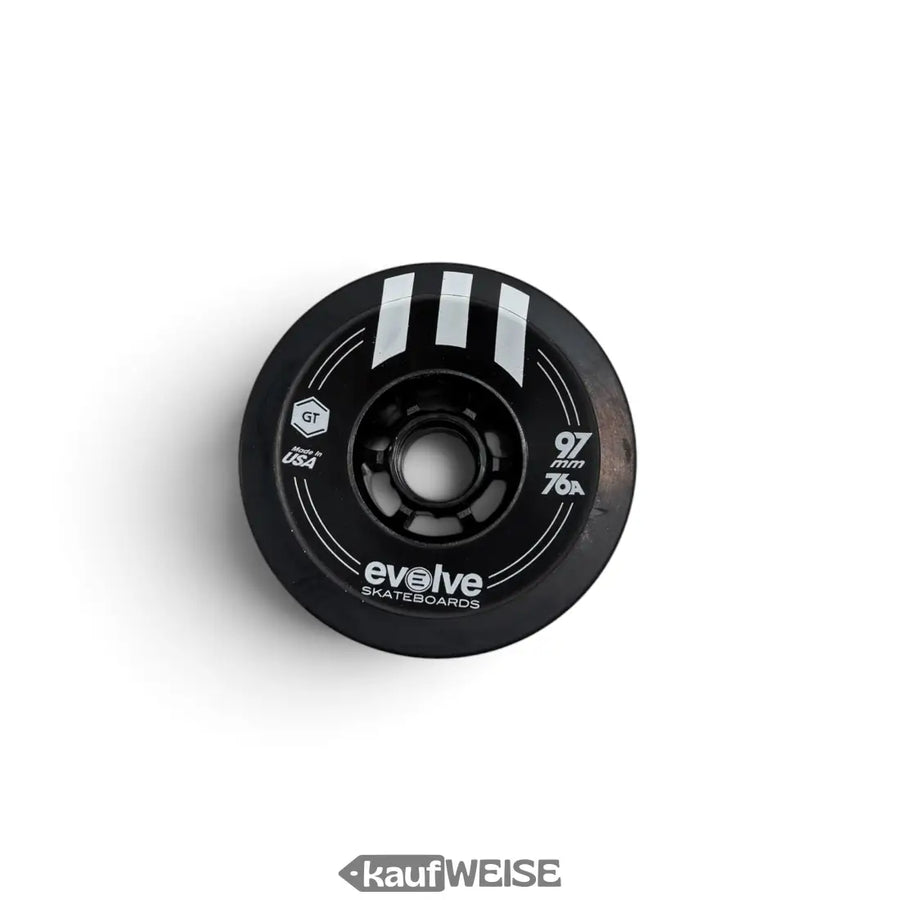 Evolve GTR Street Wheel 97mm 76A, Frontalansicht mit GT-Logo und Evolve-Skateboards-Schriftzug, schwarz