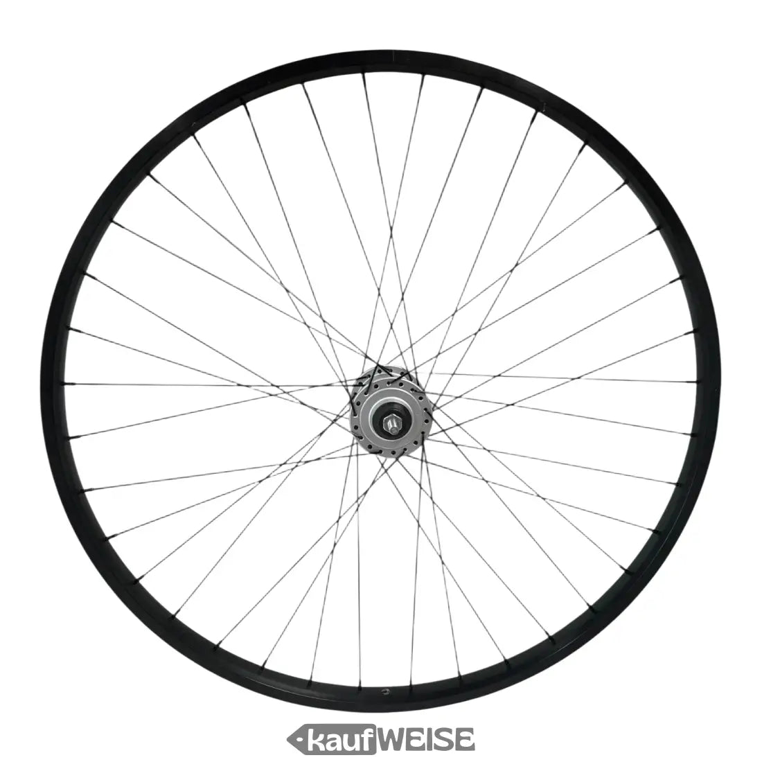Schwarzes Rad mit Silber-Speichen und Sturmey Archer HDS12 Nabendynamo auf 26